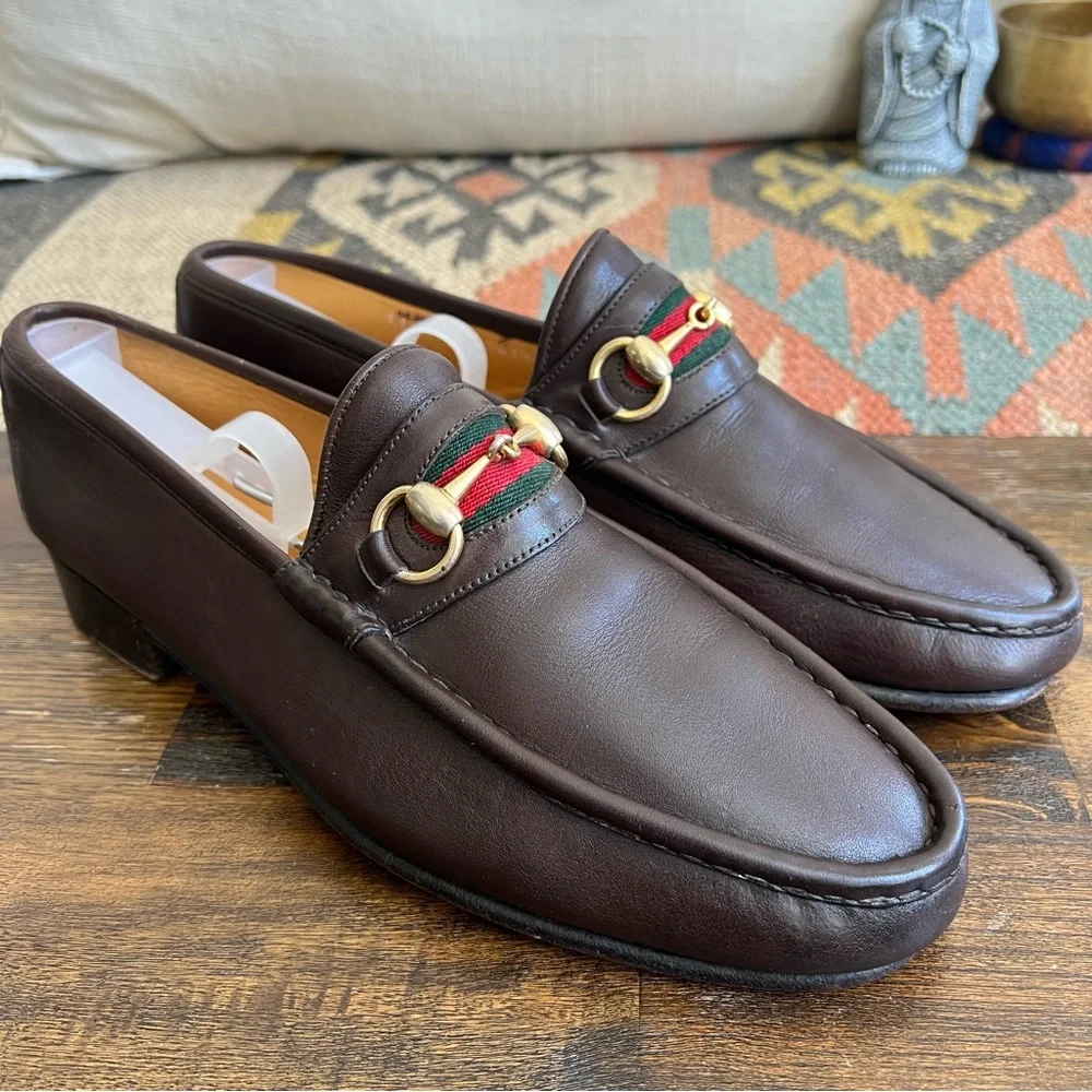 GUCCI Brow Leather Web Detail Horsebit Loafers EU41.5 US8